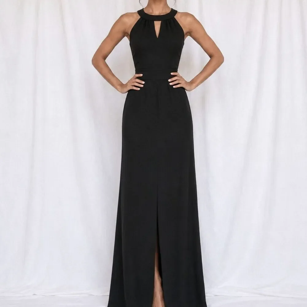 Vintage Y2K Roz & Ali Black Knit Bodycon Front Slit Maxi Cocktail Dress Size S/M